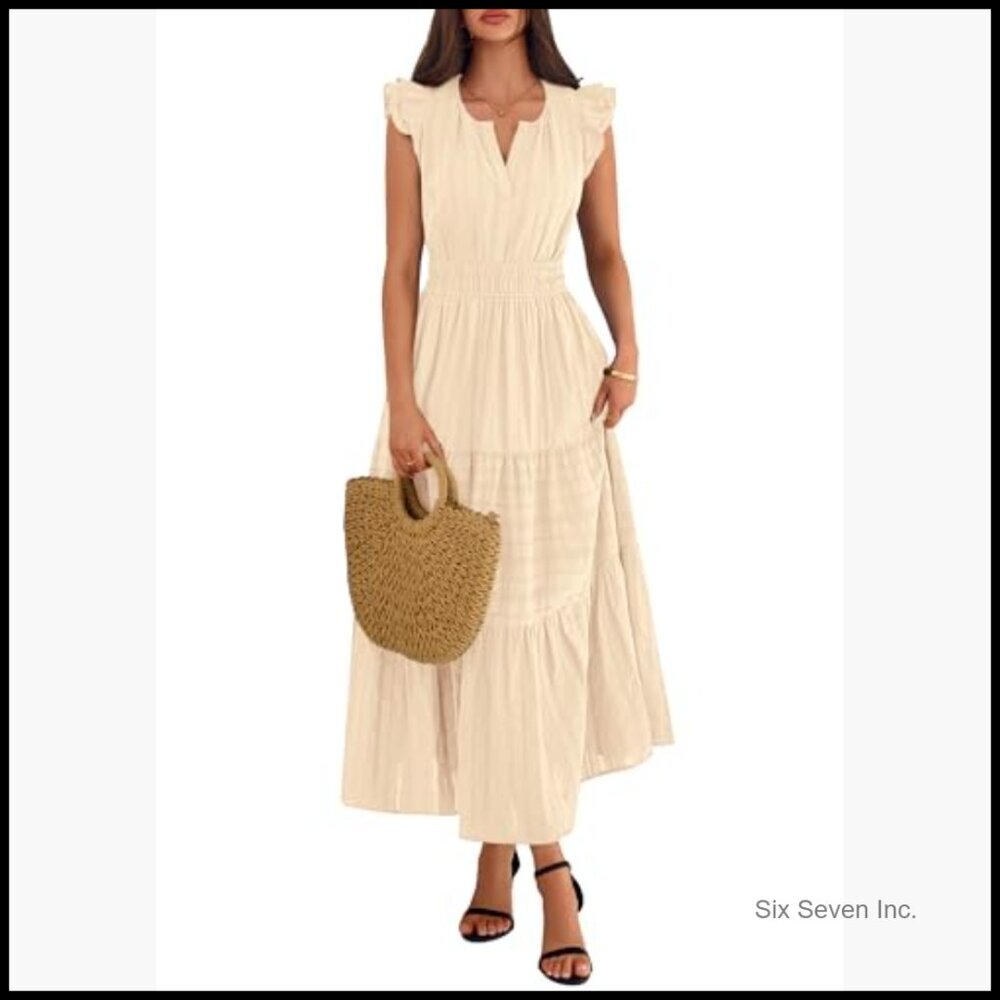 Breathable Cotton Maxi Dress with Pockets, Flutter Sleeves, Elastic Waist - Picture 6 of 7